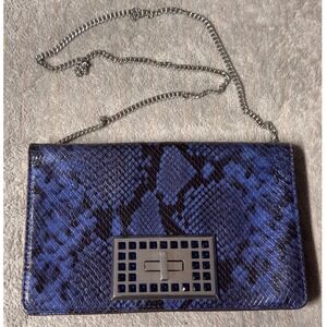 Michael Kors Ellie MD Shoulder Flap Clutch Bag Blue Snake Print Embossed Leather